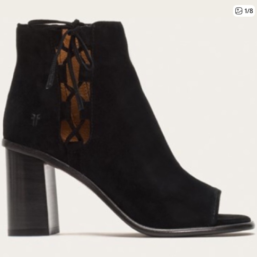 EUC Frye Amy Side Ghillie Lace Up Peep Toe Bootie Black Suede Shoes 8 - Picture 1 of 9